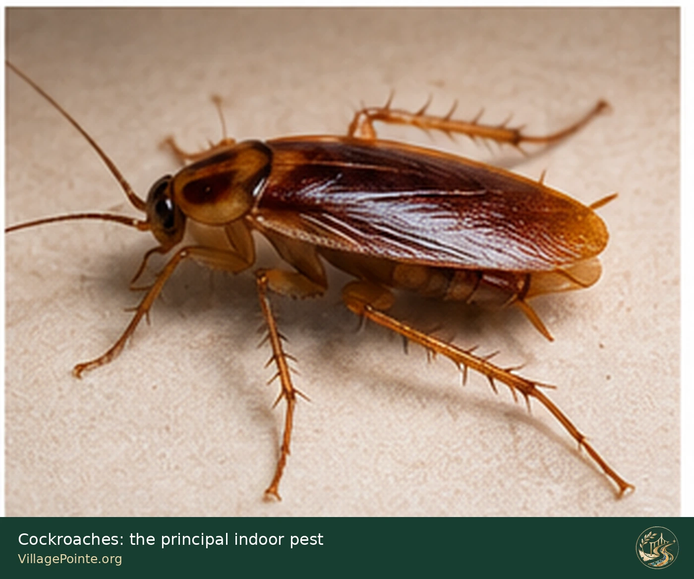 Cockroach close-up with VillagePointe.org branding