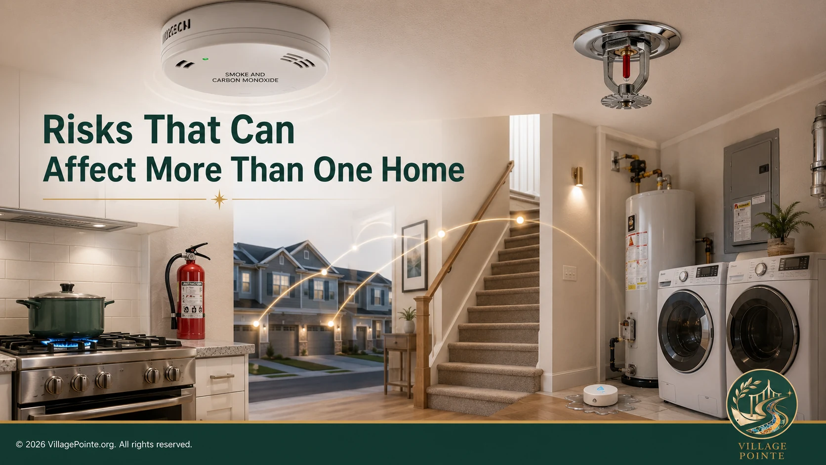 Village Pointe attached-home safety illustration showing smoke and carbon monoxide detection, fire sprinklers, gas cooking, a water heater, laundry appliances, electrical panel, stairs and a leak sensor.