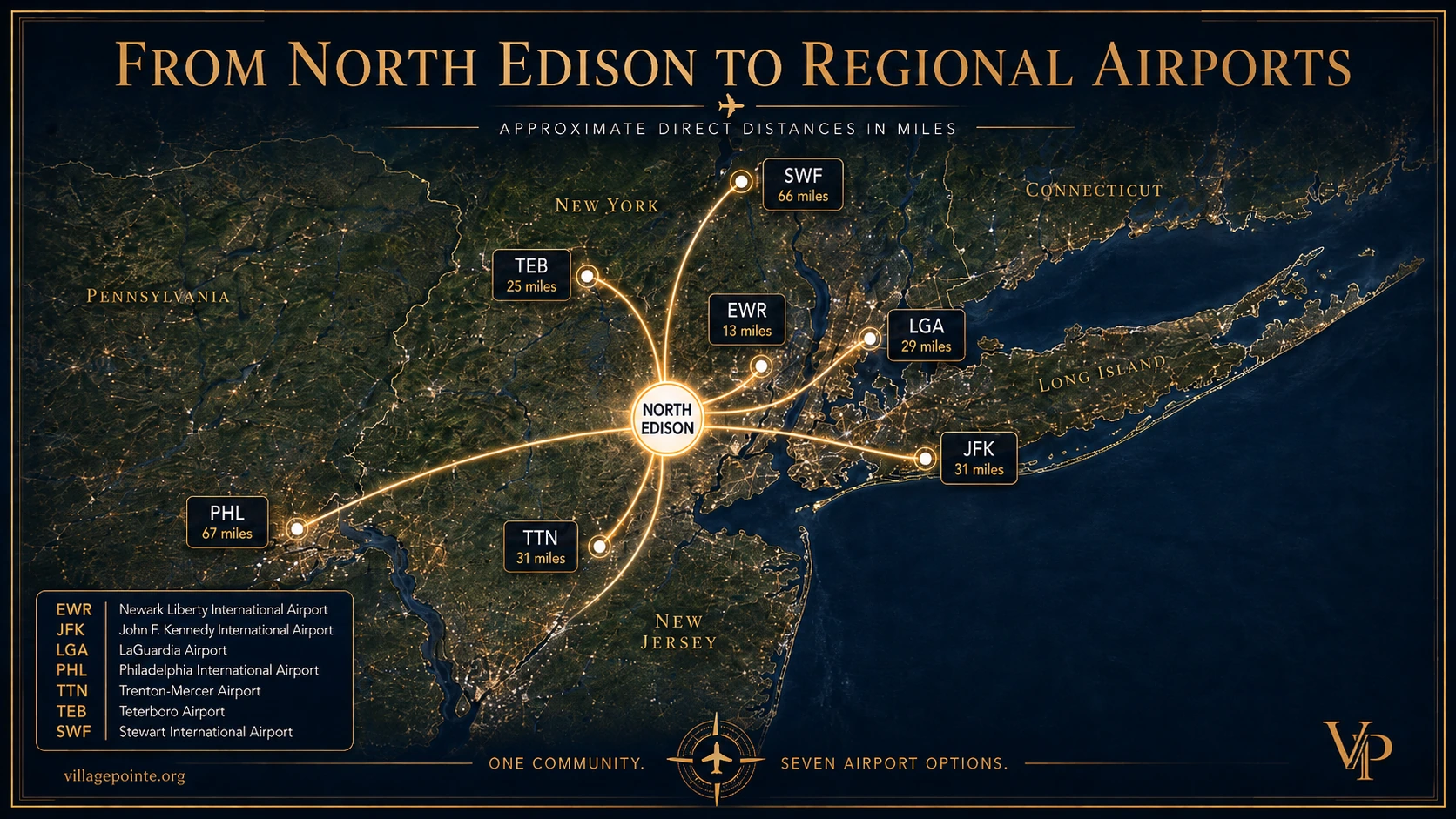 Regional map showing approximate direct distances from North Edison to Newark Liberty, JFK, LaGuardia, Philadelphia, Trenton-Mercer, Teterboro and New York Stewart airports