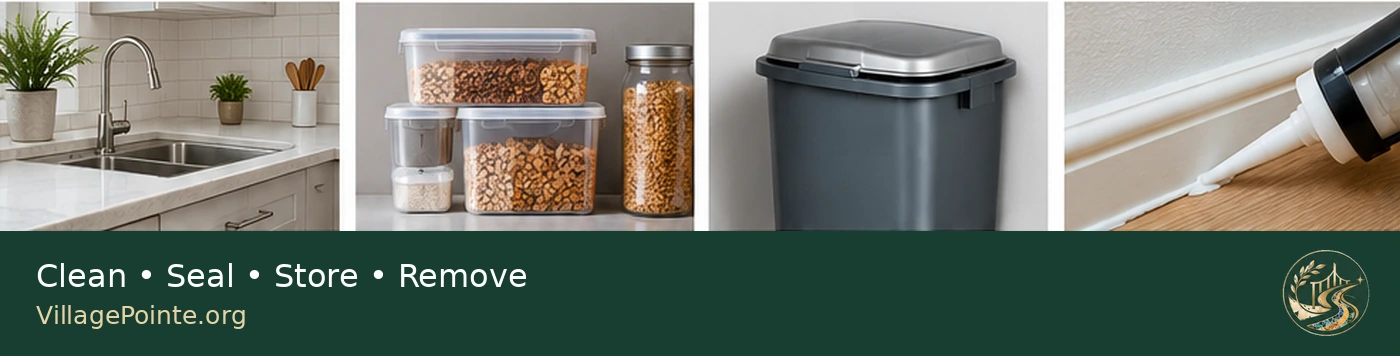 Clean kitchen, sealed food, closed garbage container and sealed entry points