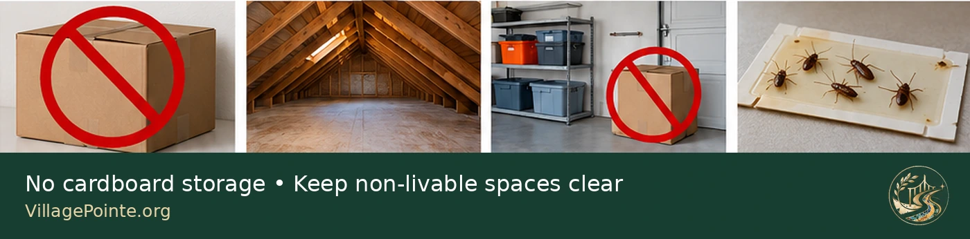 Cardboard storage warning, empty attic and organized garage storage